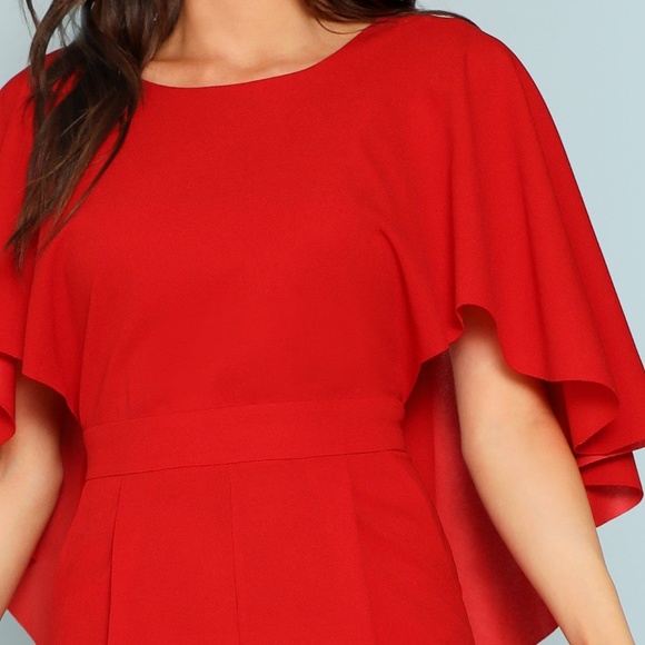 Cape Shoulder Backless Red Tapered Jumpsuit - Picture 3 of 8
